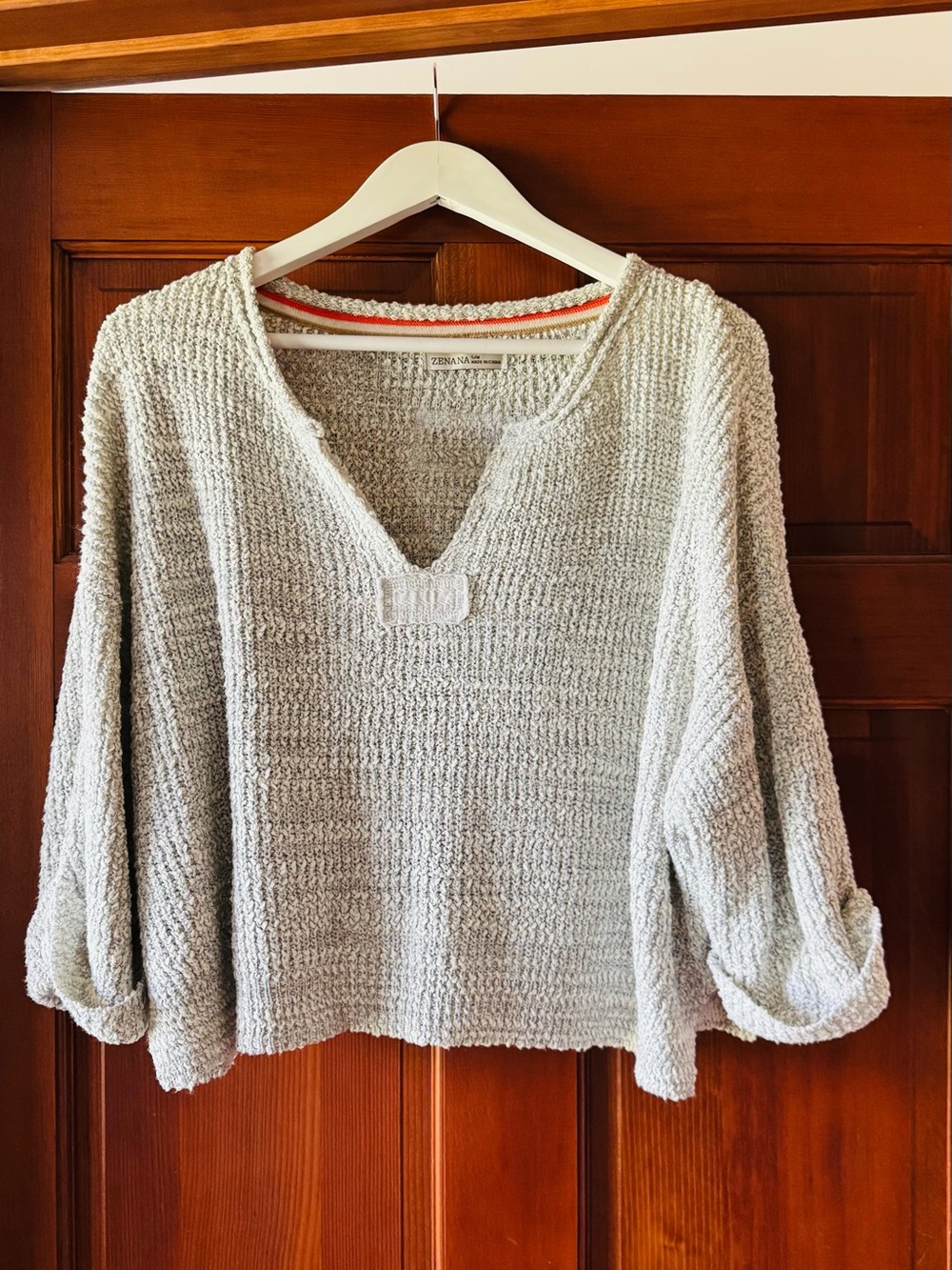 Zenana Outfitters Heather Gray Cozy V-Neck Textured Sweater
